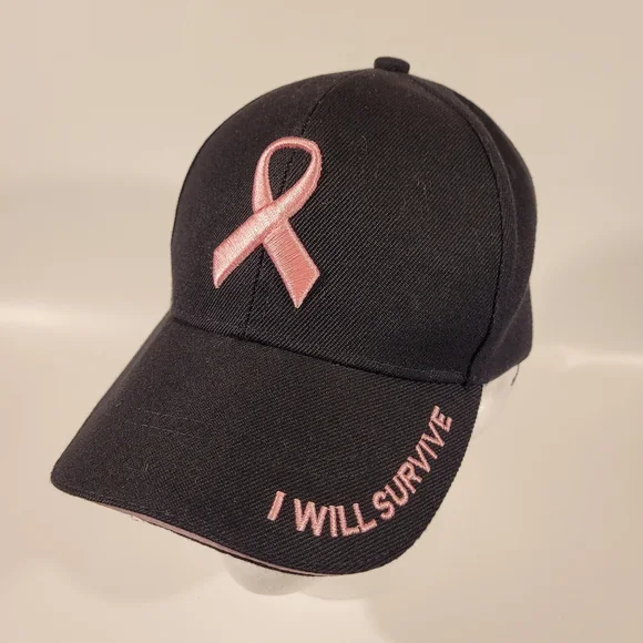 Black and pink breast cancer I Will Survive trucker hat cap strap back